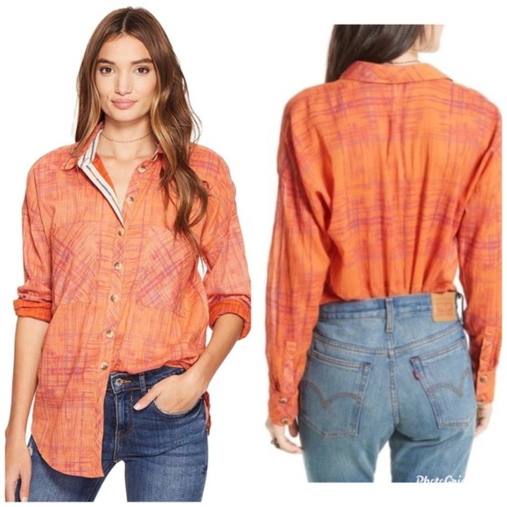 Free People Coral Button Down Shirt